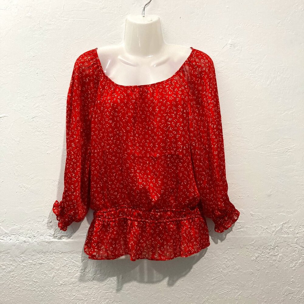 NWT Lush Top Blouse Red Floral 3/4 Sleeve Semi sheer Elastic waist Ruffle M